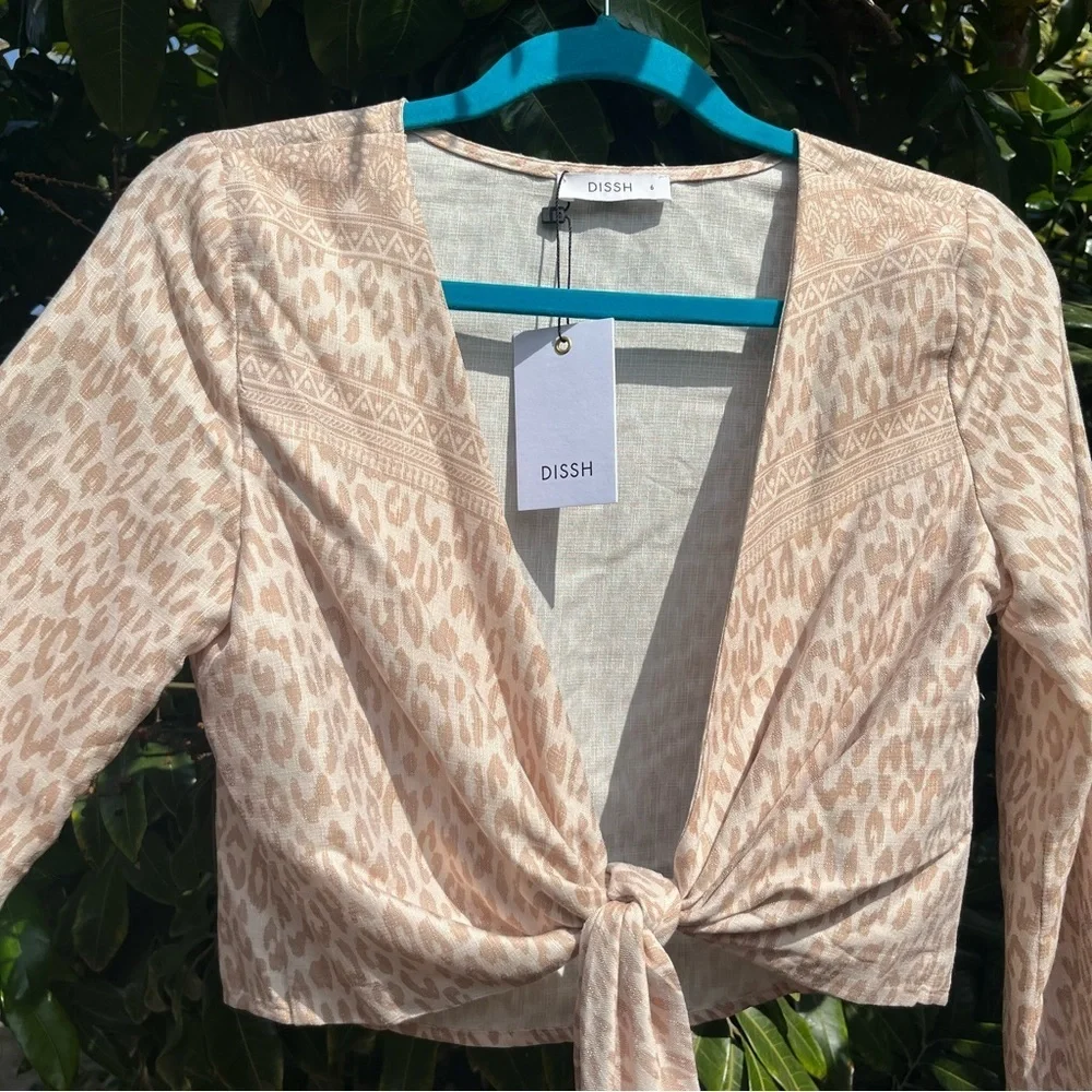 NWT DISSH ivory leopard‎ linen cotton blend tie front cropped puff sleeve blouse